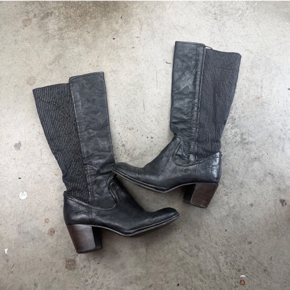 Frye Lucinda Scrunch Black Leather Tall Knee High Block Heel Boots 8M 76968